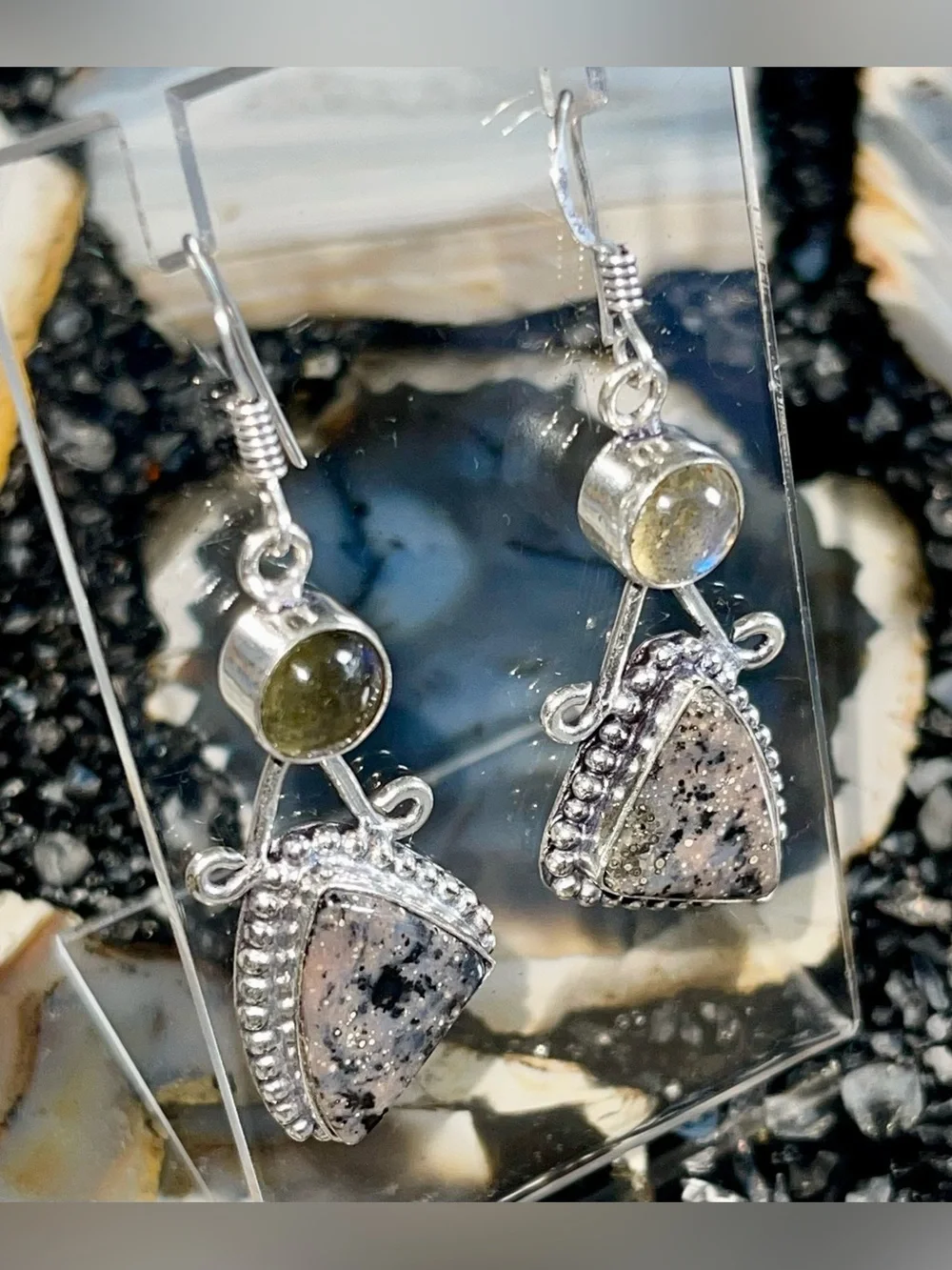 Honey Dendritic Agate & Labradorite Earrings 2 1/4”